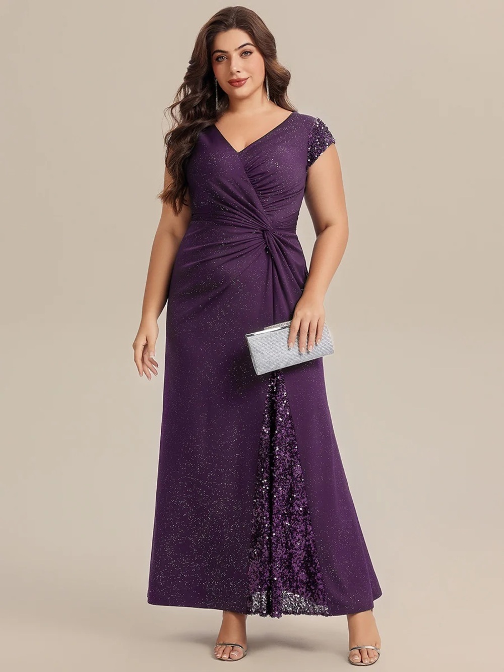 🆕 Plus Size Knotted Knit Cap Sleeve Maxi Glitter Evening Dress